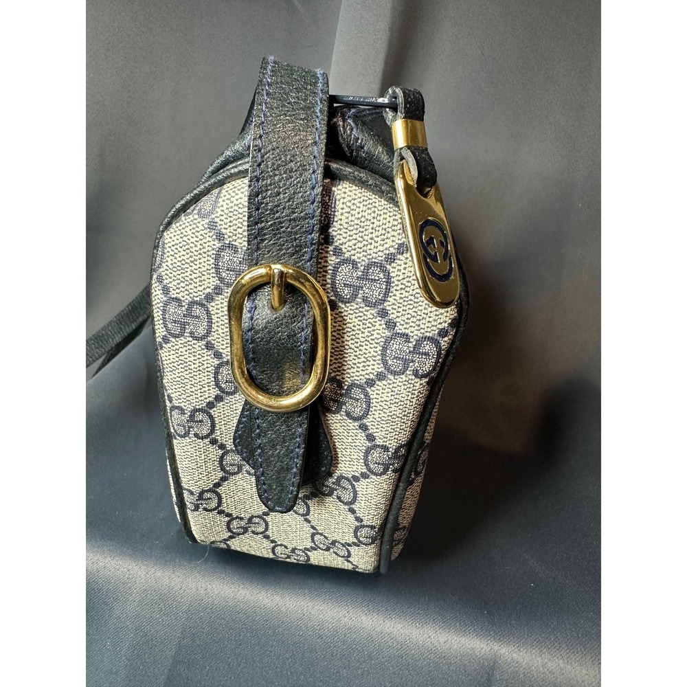 Gucci Vintage GG Supreme Monogram Crossbody Bag Navy Blue Leather Trim Italy - Picture 2 of 16